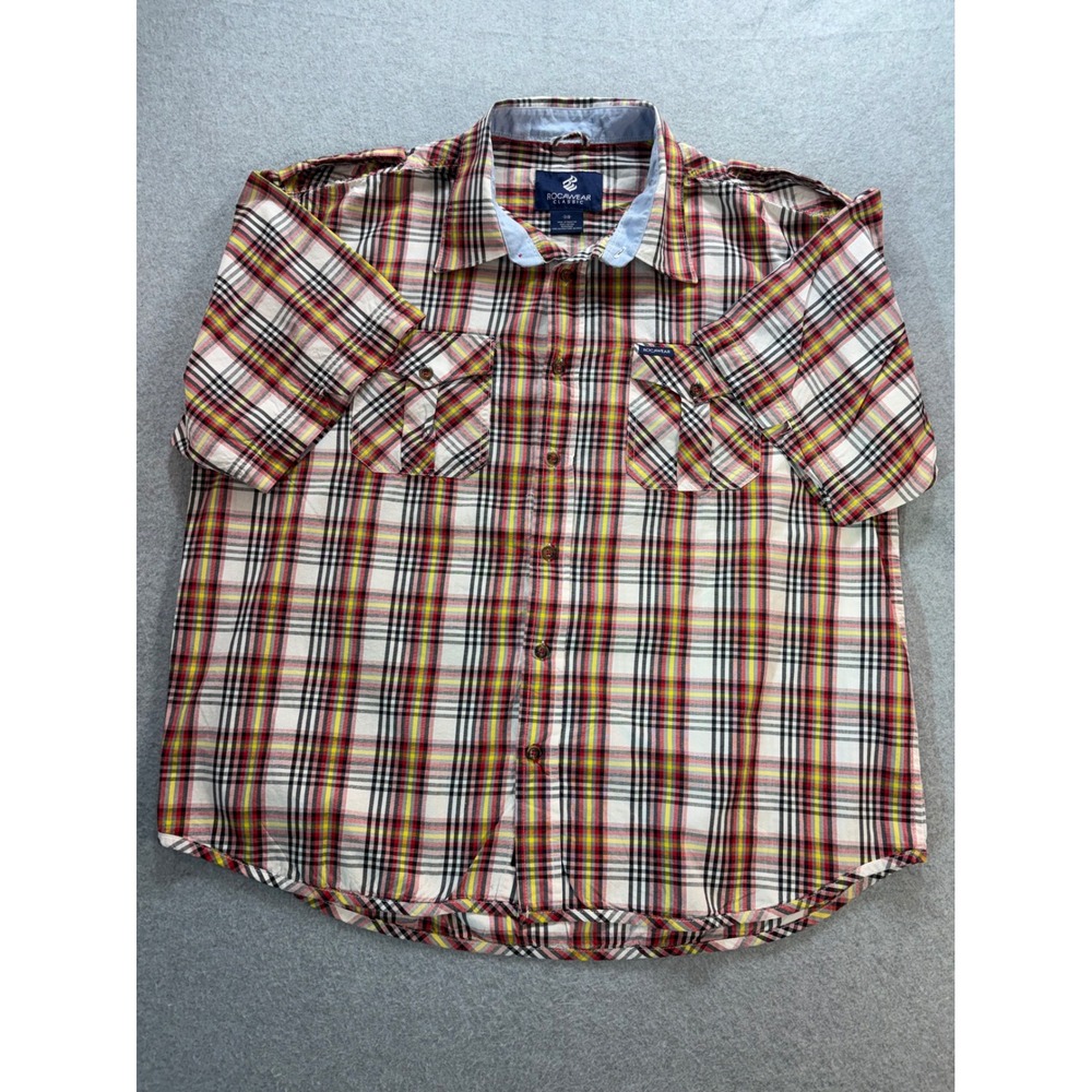 Rocawear Classic Mens 3XB Plaid Short Sleeve Button Down Shirt Red Yellow Cotton